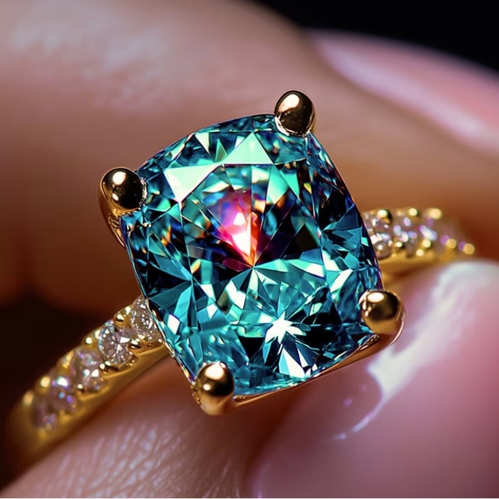 Blue Synthetic Crystal Cushion-Cut Ring with 14 kt Gold Plated Pave’ Band - Picture 4 of 5